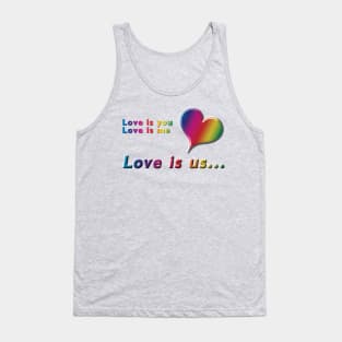 Love is you, Love is me, Love is us Rainbow Heart & Text Design on Yellow Background Tank Top